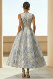 Dusty Blue A-Line Floral Wedding Guest Dress with Pockets