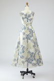 Dusty Blue A-Line Floral Wedding Guest Dress with Pockets