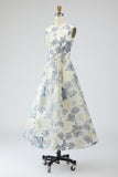 Dusty Blue A-Line Floral Wedding Guest Dress with Pockets