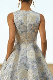 Dusty Blue A-Line Floral Wedding Guest Dress with Pockets