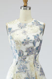 Dusty Blue A-Line Floral Wedding Guest Dress with Pockets