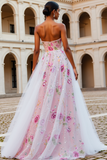 Pink Floral A Line Strapless Sequins Beaded Long Prom Dress