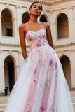 Pink Floral A Line Strapless Sequins Beaded Long Prom Dress