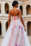 Pink Floral A Line Strapless Sequins Beaded Long Prom Dress