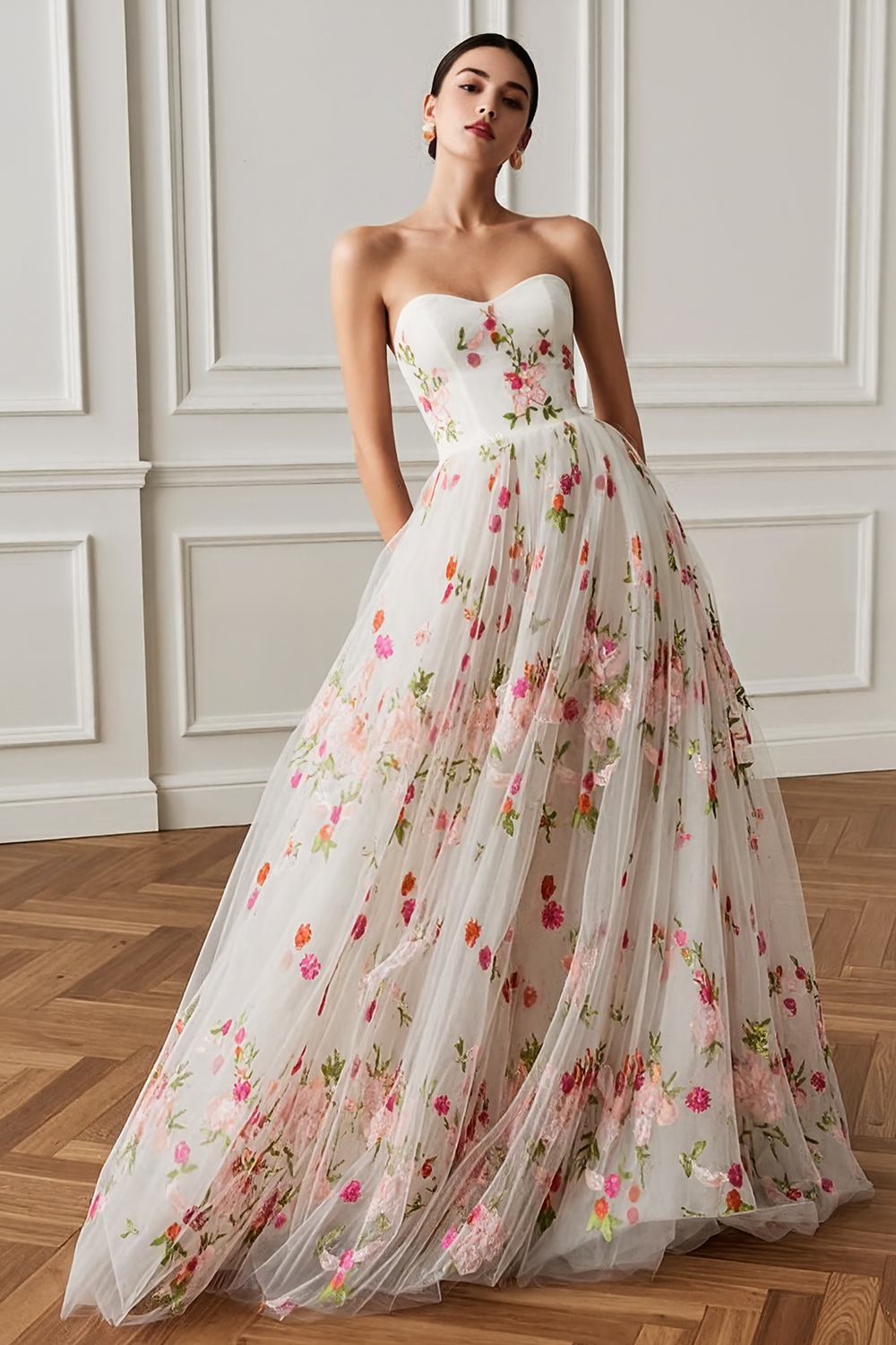 white floral strapless dress Wedtrend Women White Floral Prom Dress A-Line Tulle Strapless Maxi Party Dress – WEDTREND