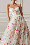 Floral White A-Line Strapless Long Prom Dress