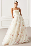 Strapless A-Line White Prom Dress wih Appliques