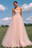 Strapless A-Line Light Yellow Ruched Tulle Long Prom Dress