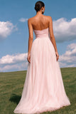Strapless A-Line Light Yellow Ruched Tulle Long Prom Dress
