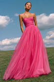 Strapless A-Line Light Yellow Ruched Tulle Long Prom Dress