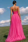Strapless A-Line Light Yellow Ruched Tulle Long Prom Dress
