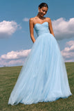Strapless A-Line Light Yellow Ruched Tulle Long Prom Dress