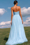 Strapless A-Line Light Yellow Ruched Tulle Long Prom Dress