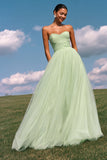 Strapless A-Line Light Yellow Ruched Tulle Long Prom Dress