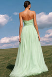 Strapless A-Line Light Yellow Ruched Tulle Long Prom Dress