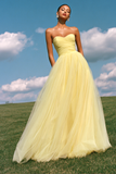 Strapless A-Line Light Yellow Ruched Tulle Long Prom Dress