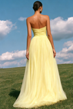 Strapless A-Line Light Yellow Ruched Tulle Long Prom Dress