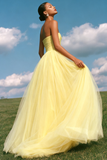 Strapless A-Line Light Yellow Ruched Tulle Long Prom Dress