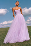 Strapless A-Line Light Yellow Ruched Tulle Long Prom Dress