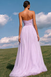 Strapless A-Line Light Yellow Ruched Tulle Long Prom Dress