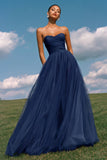 Strapless A-Line Light Yellow Ruched Tulle Long Prom Dress