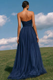 Strapless A-Line Light Yellow Ruched Tulle Long Prom Dress