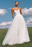 Strapless A-Line Light Yellow Ruched Tulle Long Prom Dress