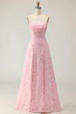Candy Pink A Line Floral Burnout Long Bridesmaid Dress with Lace Up Back