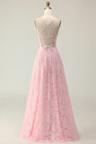 Candy Pink A Line Floral Burnout Long Bridesmaid Dress with Lace Up Back