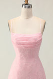 Candy Pink A Line Floral Burnout Long Bridesmaid Dress with Lace Up Back