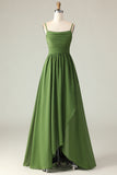 Olive Green A Line Ruched Spaghetti Straps High Low Bridesmaid Dress