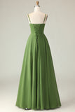 Olive Green A Line Ruched Spaghetti Straps High Low Bridesmaid Dress