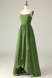 Olive Green A Line Ruched Spaghetti Straps High Low Bridesmaid Dress