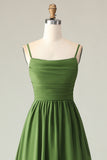 Olive Green A Line Ruched Spaghetti Straps High Low Bridesmaid Dress