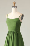 Olive Green A Line Ruched Spaghetti Straps High Low Bridesmaid Dress