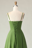 Olive Green A Line Ruched Spaghetti Straps High Low Bridesmaid Dress