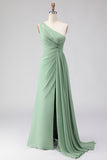 Sage Green One Shoulder A Line Chiffon Long Bridesmaid Dress with Slit