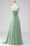Sage Green One Shoulder A Line Chiffon Long Bridesmaid Dress with Slit