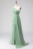 Sage Green One Shoulder A Line Chiffon Long Bridesmaid Dress with Slit