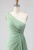 Sage Green One Shoulder A Line Chiffon Long Bridesmaid Dress with Slit