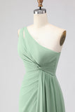 Sage Green One Shoulder A Line Chiffon Long Bridesmaid Dress with Slit