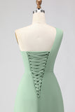 Sage Green One Shoulder A Line Chiffon Long Bridesmaid Dress with Slit