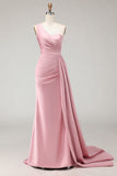 Blush Pink One Shoulder Satin Mermaid Ruched Long Bridesmaid Dress with Sash
