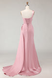 Blush Pink One Shoulder Satin Mermaid Ruched Long Bridesmaid Dress with Sash