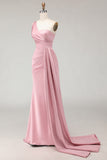 Blush Pink One Shoulder Satin Mermaid Ruched Long Bridesmaid Dress with Sash