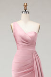 Blush Pink One Shoulder Satin Mermaid Ruched Long Bridesmaid Dress with Sash