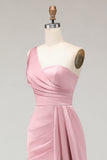Blush Pink One Shoulder Satin Mermaid Ruched Long Bridesmaid Dress with Sash