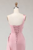 Blush Pink One Shoulder Satin Mermaid Ruched Long Bridesmaid Dress with Sash