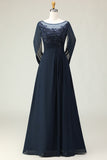 Navy Sequin A Line Round Neck Long Mother of the Bride Dress with Sheer Sleeves