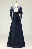 Navy Sequin A Line Round Neck Long Mother of the Bride Dress with Sheer Sleeves